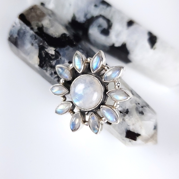 925 Sterling Silver Flower Starburst Rainbow Moonstone Ring New Size 7.75 - Picture 15 of 16